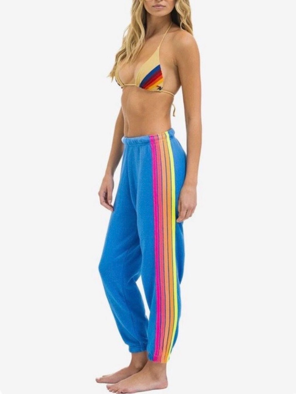 Aviator Nation Women’s Blue Track Pants with Rainbow Side Stripes